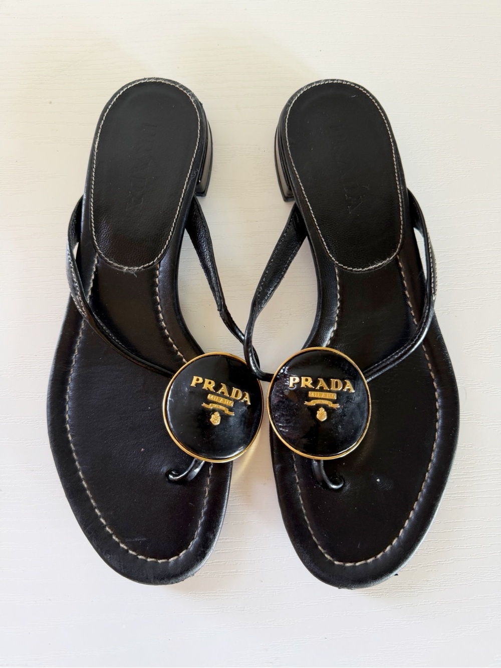 Prada Black Leather Logo Medallion Thong Sandals Flip Flops EU 36.5